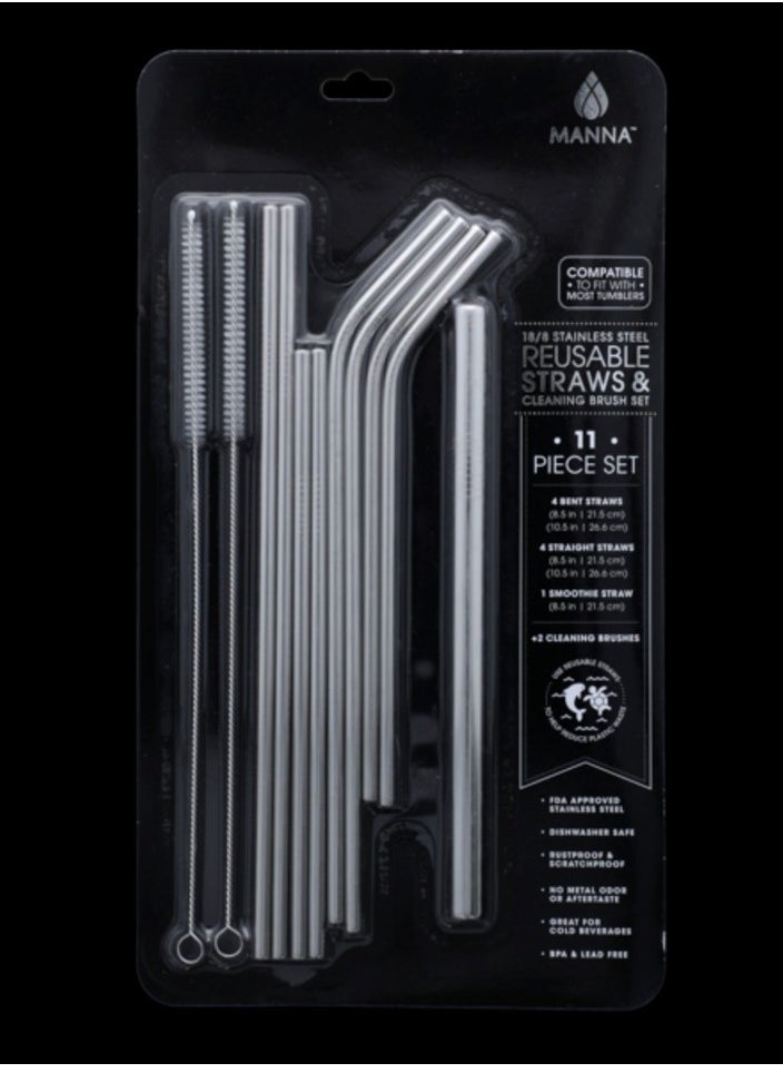 MANNA - 11 Piece Reusable Stainless Steel Straw and Cleaning Brush Set Silver - Image 1