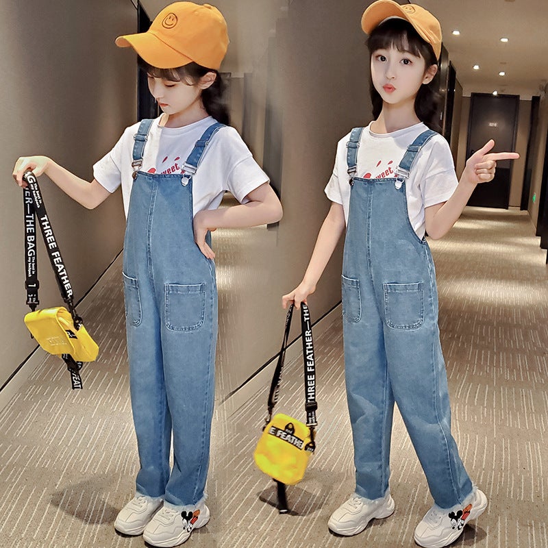 Children'S Clothing 2024 Autum New Style Girls Fresh Overalls Korean Style Girls Fashionable Children'S Pants Jeans - Image 1