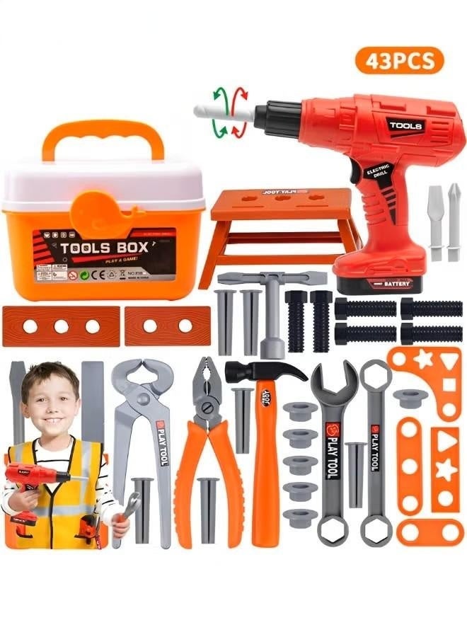 43PCS Kids Tool Set with Electric Power Drill & Construction Worker Costume Durable Pretend Play Tool Toys Construction Toy Kit Playset Accessories for Girls Boys Gift - Image 1