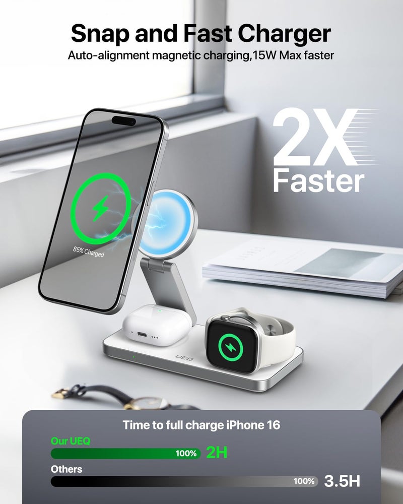 UEQ Foldable 3 in 1 Wireless Charging Station for Apple Compatible with Magsafe Charger Stand,Magnetic Wireless Charger Station for iPhone 17 Air 16 15 14 13 12 Series,Airpods Pro,Apple Watch (White) - Image 2