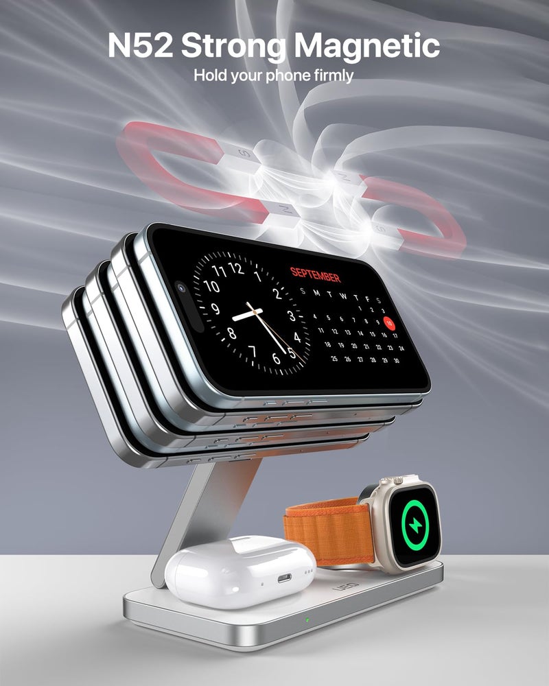 UEQ Foldable 3 in 1 Wireless Charging Station for Apple Compatible with Magsafe Charger Stand,Magnetic Wireless Charger Station for iPhone 17 Air 16 15 14 13 12 Series,Airpods Pro,Apple Watch (White) - Image 4