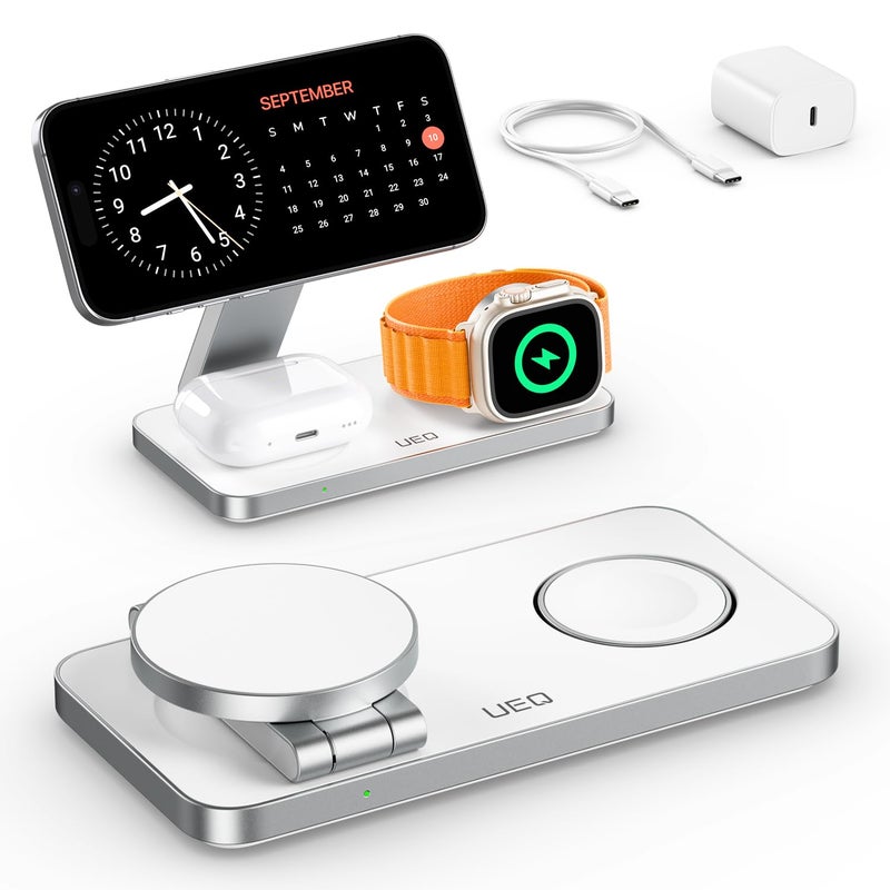 UEQ Foldable 3 in 1 Wireless Charging Station for Apple Compatible with Magsafe Charger Stand,Magnetic Wireless Charger Station for iPhone 17 Air 16 15 14 13 12 Series,Airpods Pro,Apple Watch (White) - Image 1