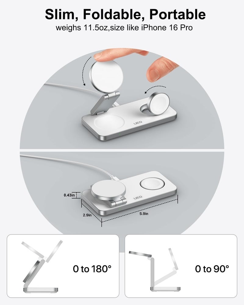UEQ Foldable 3 in 1 Wireless Charging Station for Apple Compatible with Magsafe Charger Stand,Magnetic Wireless Charger Station for iPhone 17 Air 16 15 14 13 12 Series,Airpods Pro,Apple Watch (White) - Image 3