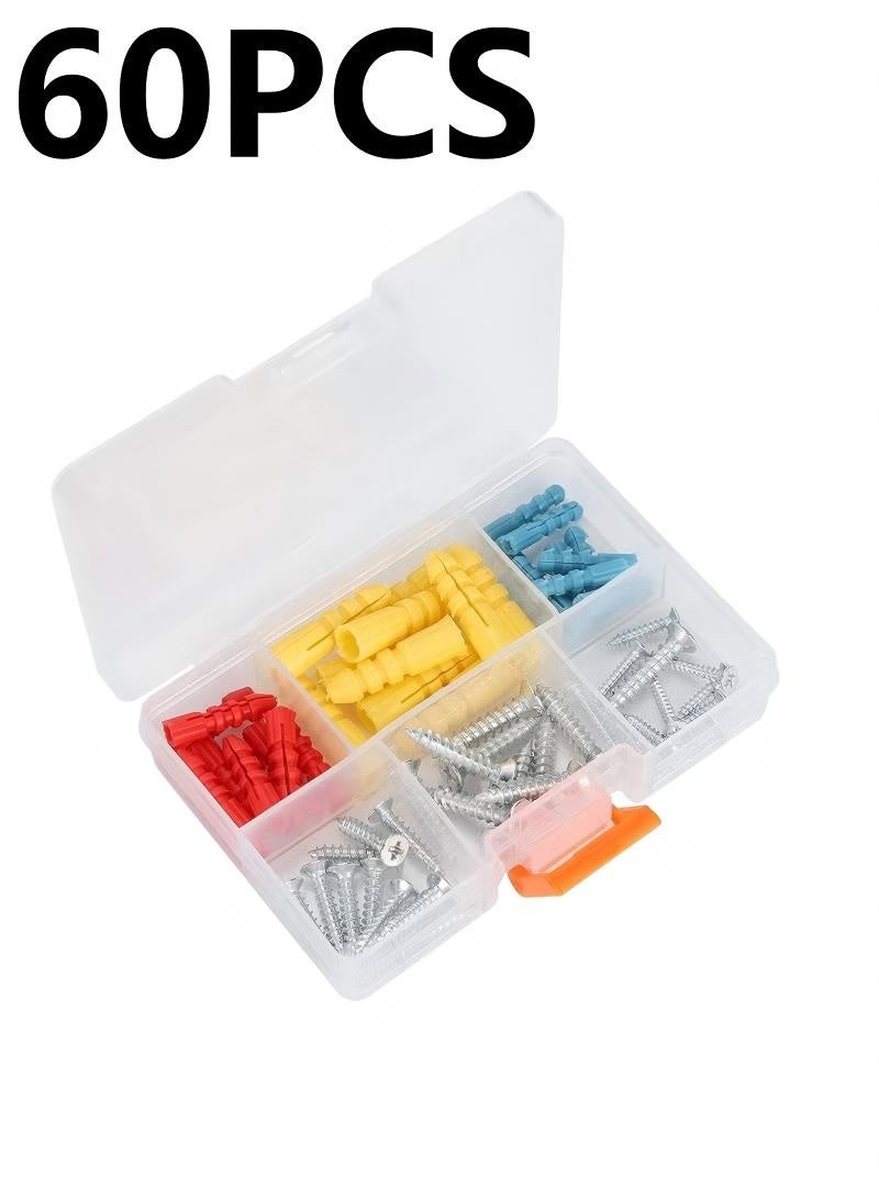 60Pcs Drywall Anchors and Self Tapping Screws Assortment Kit, Different Sizes of Wall Plugs and Screws Set with Organizer Box, self Drilling Anchor for Hollow Wall Hanging - Image 1
