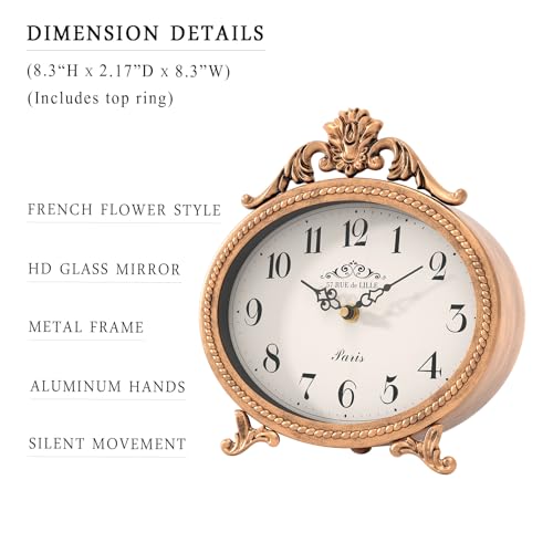 Abdurey Vintage Table Clock on Stand,Desk and Shelf Decorative Clock,French Rustic Style Mantel Clocks,Metal Frame Antique Gold Finish,Farmhouse,Bedroom, Bedside,Living Room,Gift Clocks - Image 2