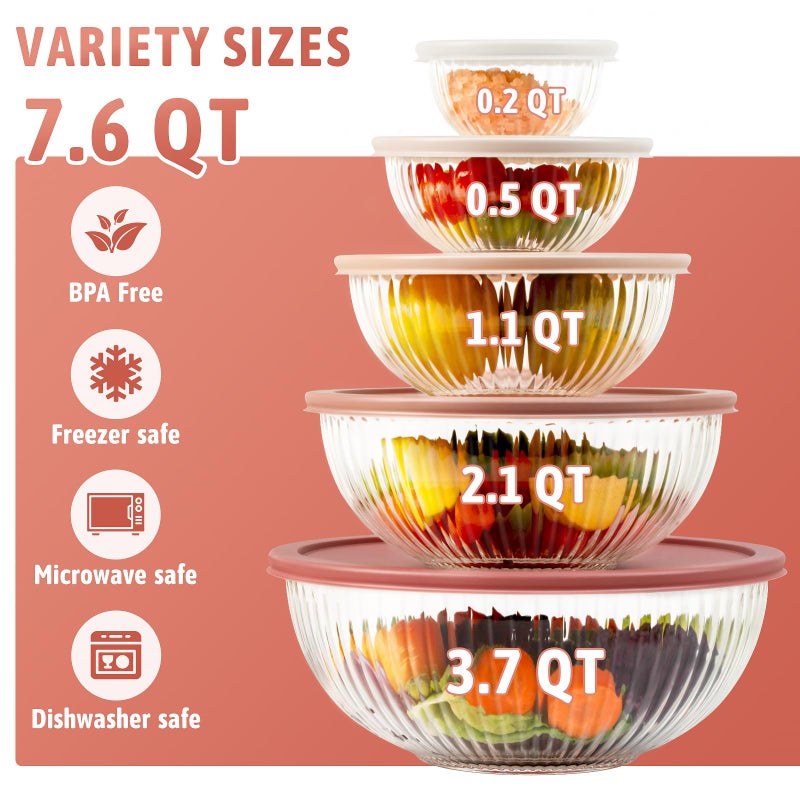 Freshmage Glass Mixing Bowls with Lids Sets, 5 Packs Glass Bowls with Lids for Kitchen Baking, Meal Prepping and Salad, Bpa Free and Dishwasher Safe Serving Bowls, 0.2/0.5/1.1/2.1/3.7Qt - Image 2