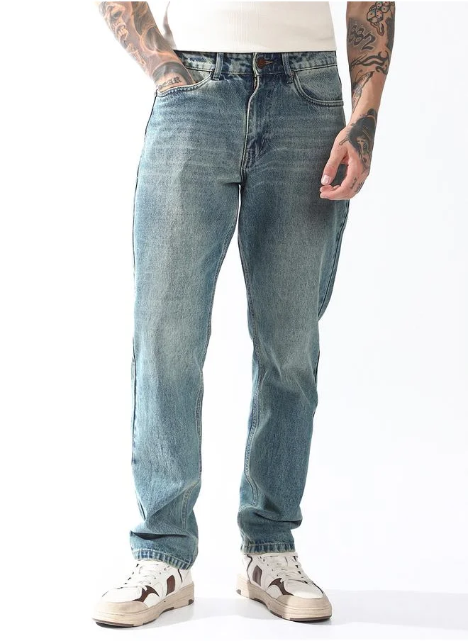 Hubberholme Straight Fit Indigo 100% Cotton Washed Woven Jean with Button Closure Full Length - Ideal for Streetwear - A Must-Have for Your Wardrobe!