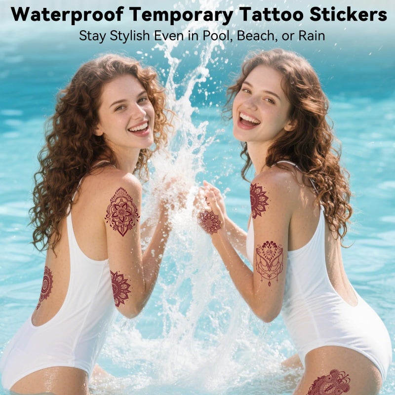 Xmasir 12 Sheets Brown Henna Tattoo Kit, Waterproof Temporary Henna Tattoos Stickers for Women Wedding Party (Brown) - Image 2