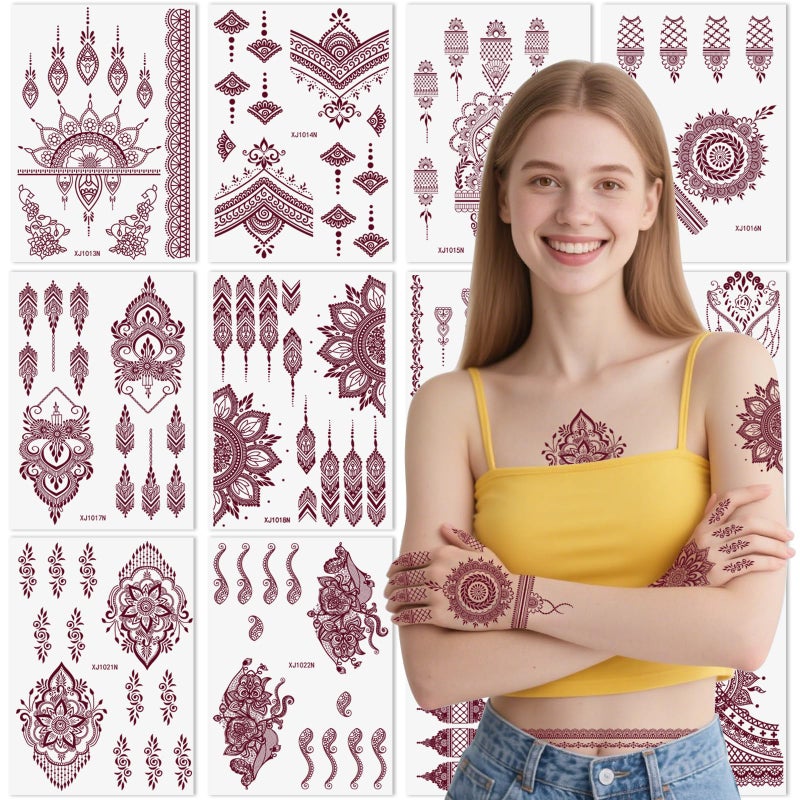 Xmasir 12 Sheets Brown Henna Tattoo Kit, Waterproof Temporary Henna Tattoos Stickers for Women Wedding Party (Brown) - Image 1