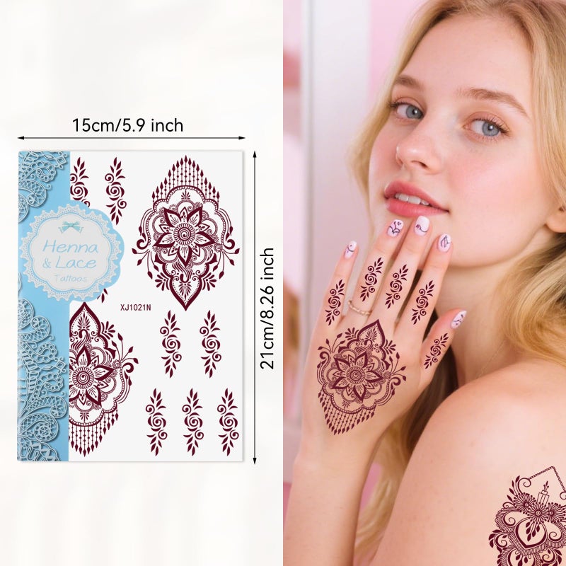 Xmasir 12 Sheets Brown Henna Tattoo Kit, Waterproof Temporary Henna Tattoos Stickers for Women Wedding Party (Brown) - Image 5