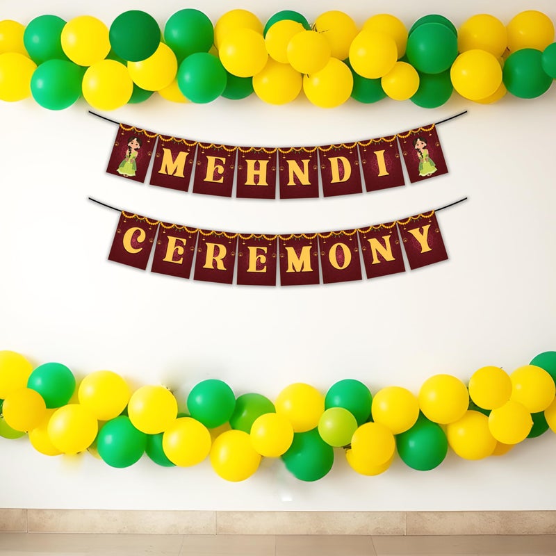 1iAM Mehndi Decoration Combo Pack of 62 - 1pc Mehndi Ceremony Banner, 60 Pieces Balloons & 1pc Balloon Arch | Pre-Wedding Decoration Items for Daughter, Sister, Friend's Marriage Ceremony Event - Image 1