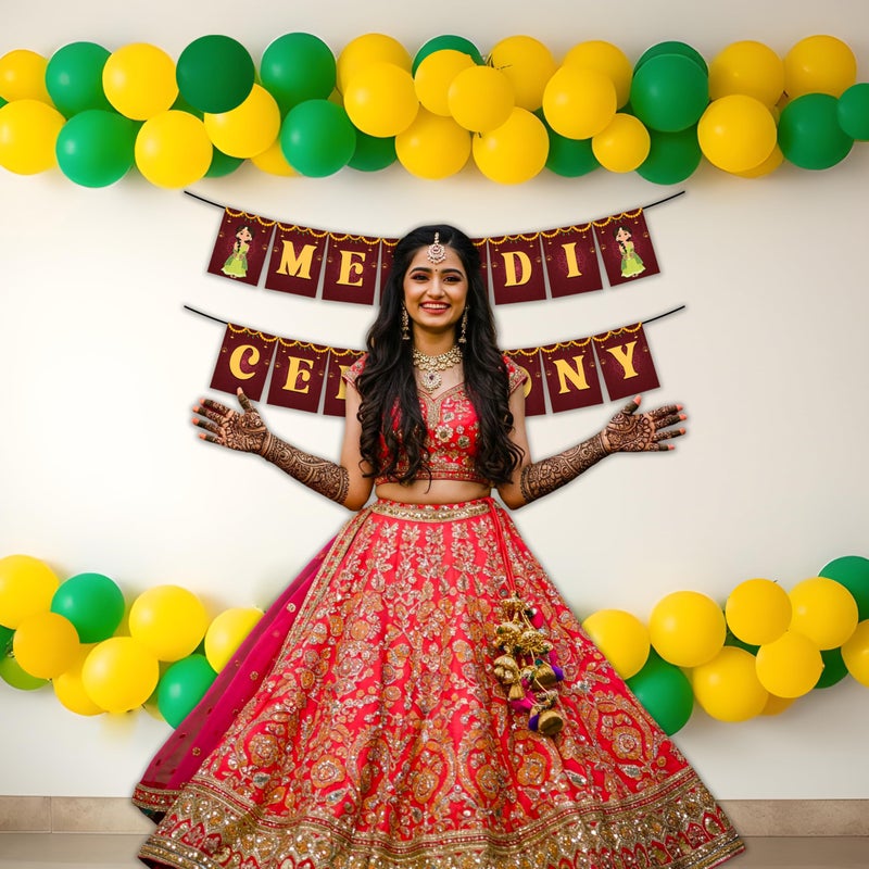 1iAM Mehndi Decoration Combo Pack of 62 - 1pc Mehndi Ceremony Banner, 60 Pieces Balloons & 1pc Balloon Arch | Pre-Wedding Decoration Items for Daughter, Sister, Friend's Marriage Ceremony Event - Image 3