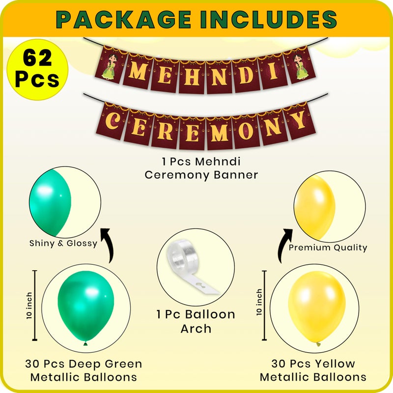1iAM Mehndi Decoration Combo Pack of 62 - 1pc Mehndi Ceremony Banner, 60 Pieces Balloons & 1pc Balloon Arch | Pre-Wedding Decoration Items for Daughter, Sister, Friend's Marriage Ceremony Event - Image 2