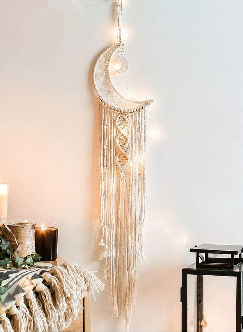 لوبيتيز moon dream catcher الديكور مع شرابات طويلة ، macrame المنسوجة الجدار شنقا dreamcatcher القطن يدويا البوهيمي ديكور المنزل هدية ، مناسبة للأطفال ، شقة ، غرفة نوم ( بما في ذلك 1 متر ضوء سلسلة ) - Image 1