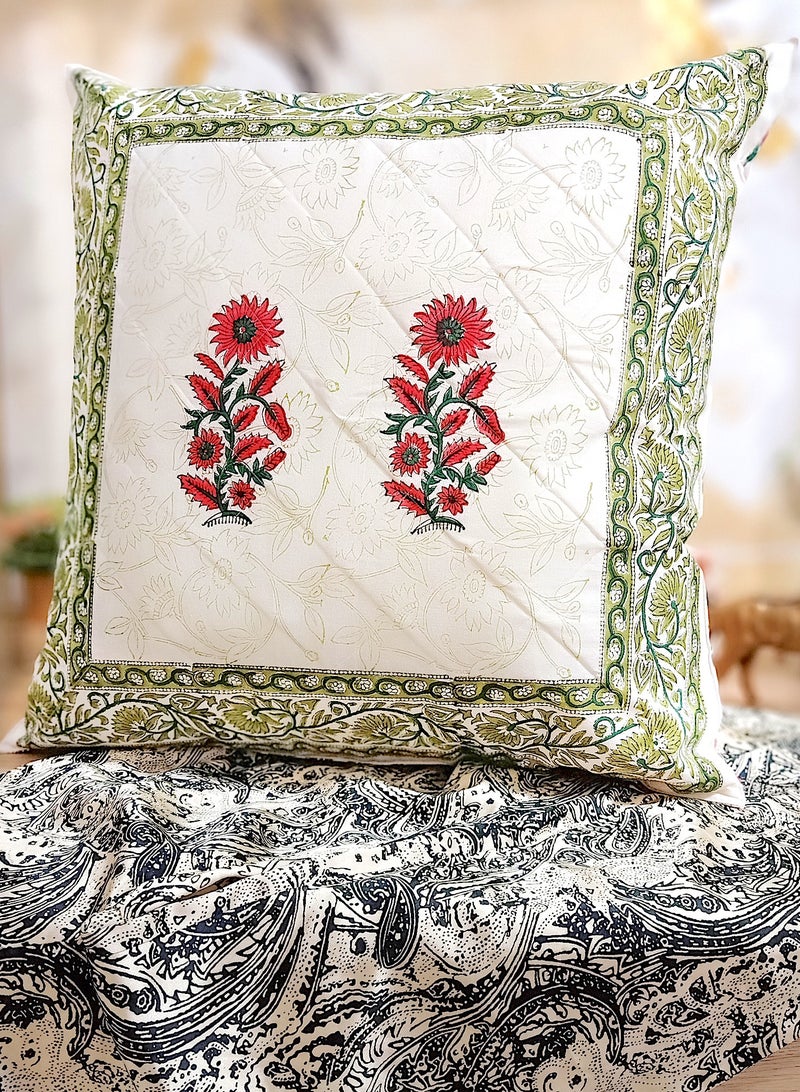 OJARIYA Red And Green Hand Block Printed Premium Organic Cotton Cushion Cover 65 Cm X 65 Cm - Image 3