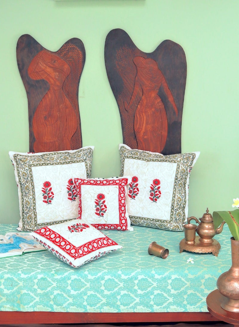 OJARIYA Red And Green Hand Block Printed Premium Organic Cotton Cushion Cover 65 Cm X 65 Cm - Image 4
