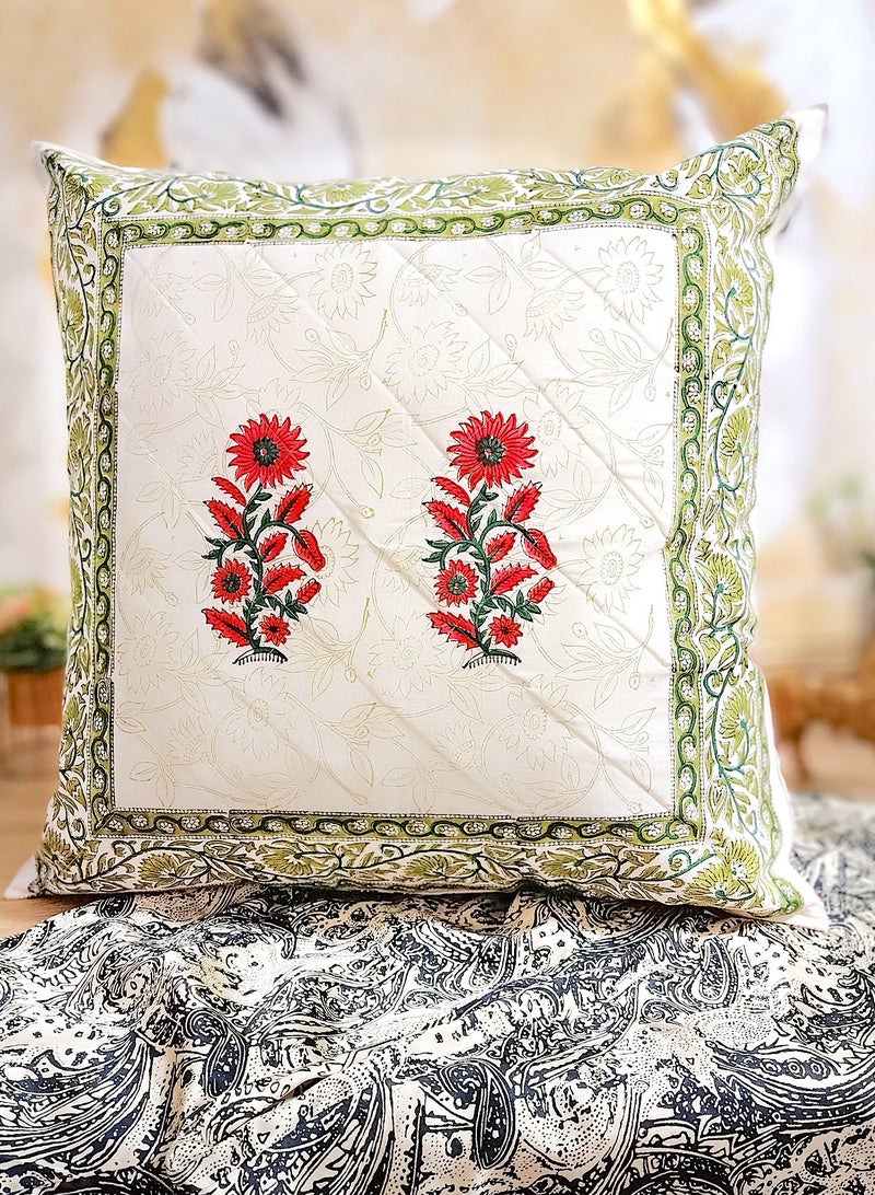 OJARIYA Red And Green Hand Block Printed Premium Organic Cotton Cushion Cover 65 Cm X 65 Cm - Image 1