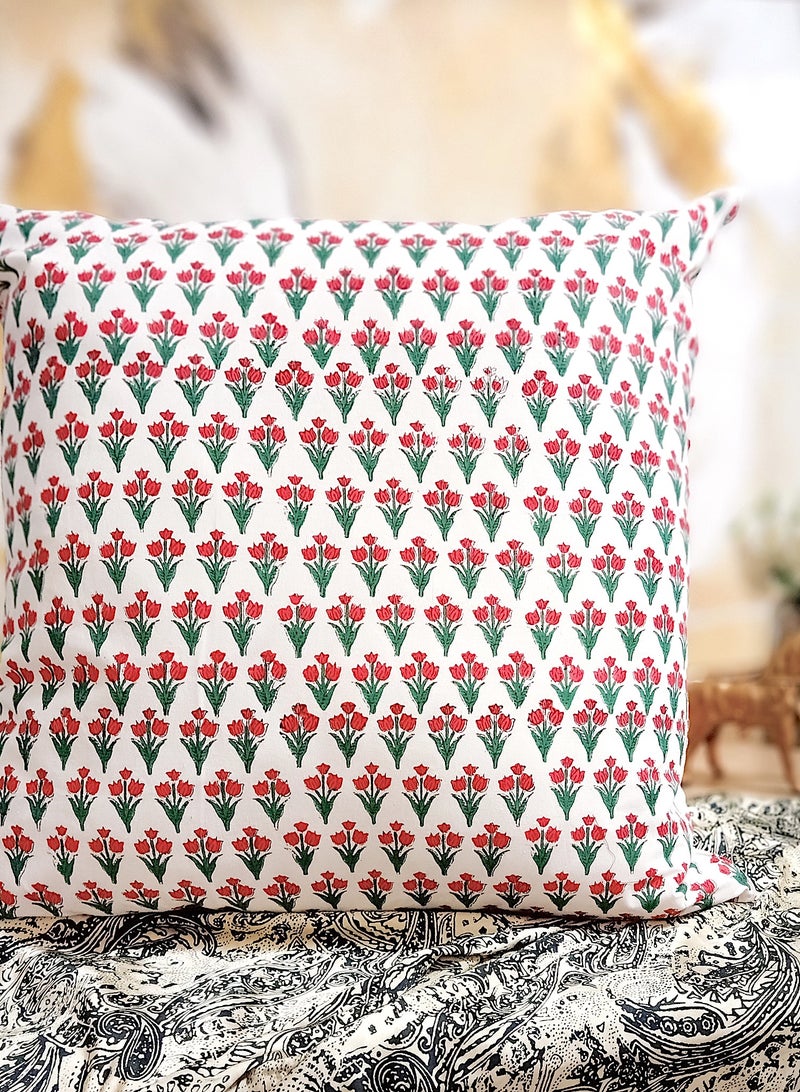 OJARIYA Red And Green Hand Block Printed Premium Organic Cotton Cushion Cover 65 Cm X 65 Cm - Image 2