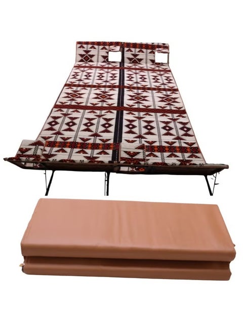 A traditional floor seating set ideal for travel desert trips gardens diwans and gatherings The set measures 320 x 200 cm and includes a cushioned seating arrangement with foldable armrests for easy portability and storage. Made from high-quality Turkish fabric with a water-resistant backing layer it comfortably accommodates up to 8 people.