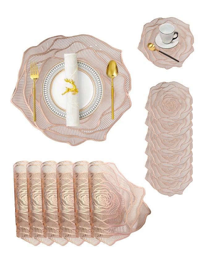 10 Pcs Rose Pattern Dining Table Mats, 6 Pieces of 15-Inch Placemats & 4 Pieces of 4-Inch Coasters, PVC Waterproof & Oil Resistant Decorative Table Runner for Dining Room Kitchen (Pink)  - Image 1