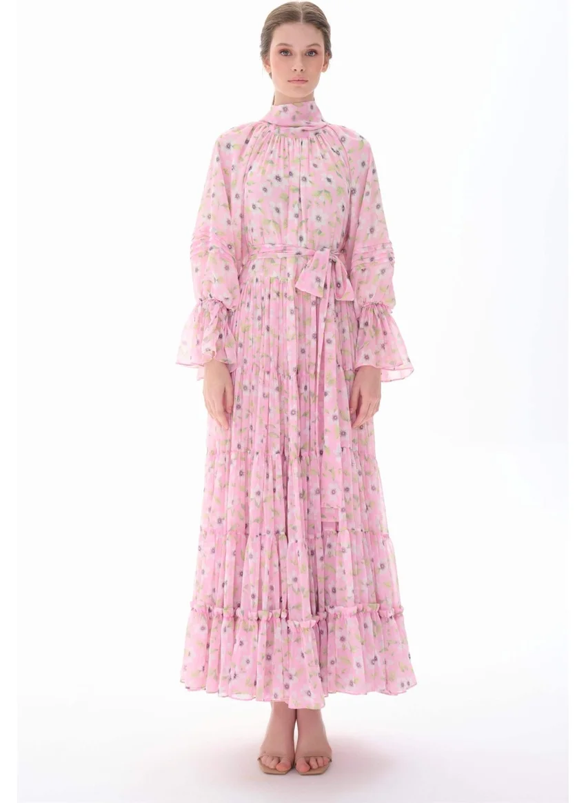 Miha Layered Pleated Long Dress Pink