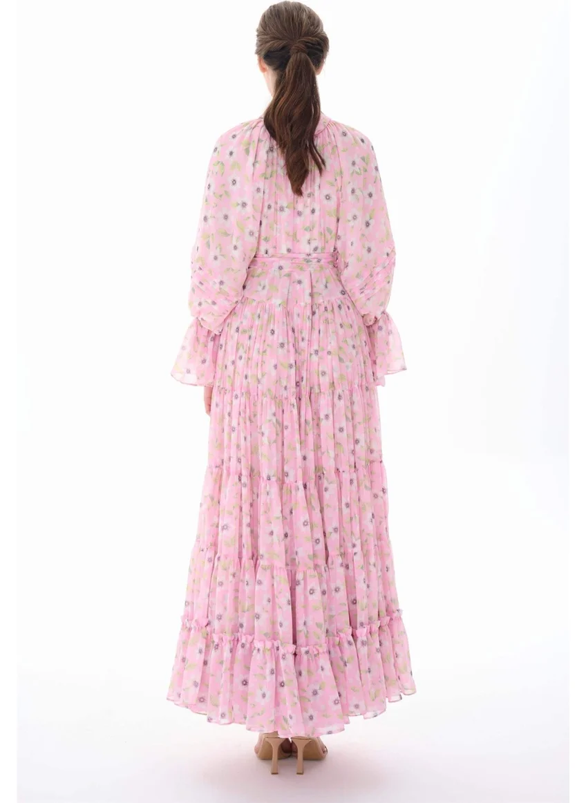 Miha Layered Pleated Long Dress Pink