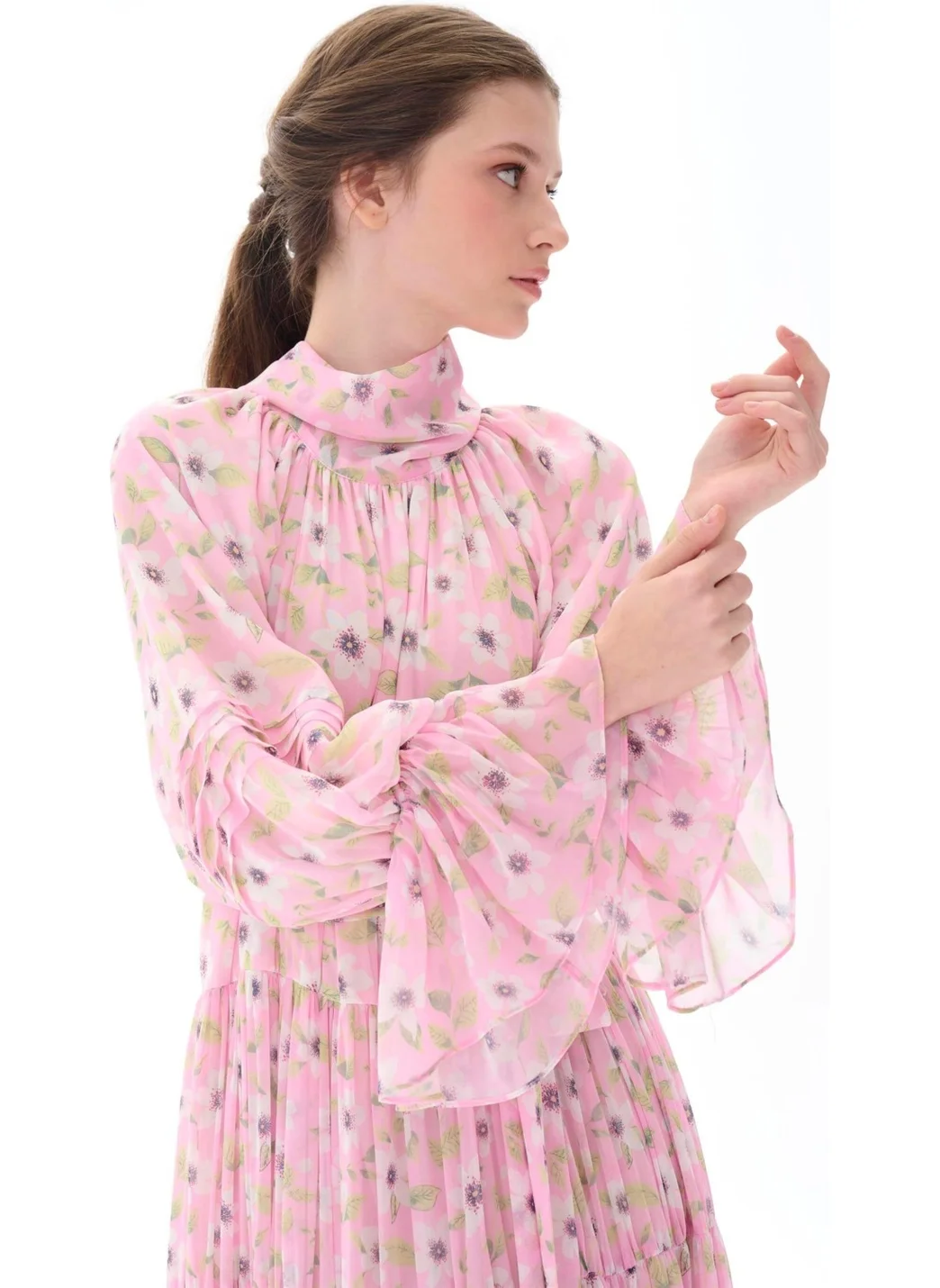 Miha Layered Pleated Long Dress Pink