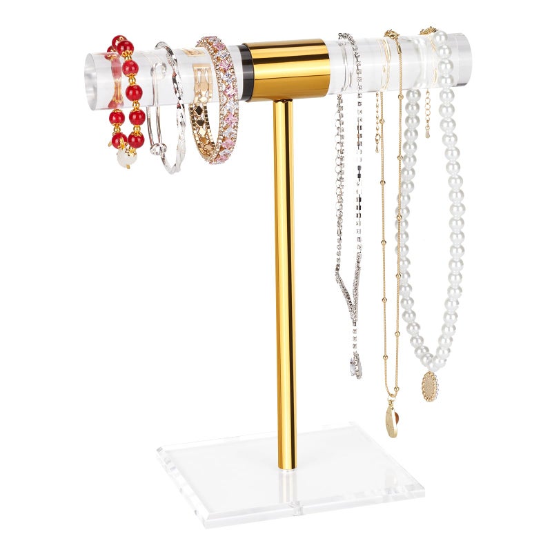 Jolboldy Necklace Holder Bracelet Holder, Gold Acrylic Jewelry Display Stand Crystal T Bar Jewelry Organizer Gift for Women(1-Tier 1pc) - Image 1