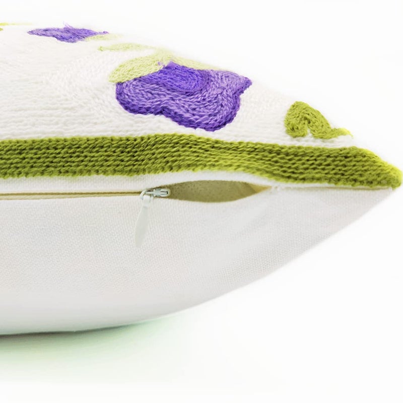 Alysheer Floral Embroidered Spring Decorative Throw Pillow Cover 18"x 18", Farmhouse Cottage Purple Flowers Green Leaves Knit Pattern Cotton Canvas Cushion Case for Sofa Couch Bed Living Room Decor - Image 4