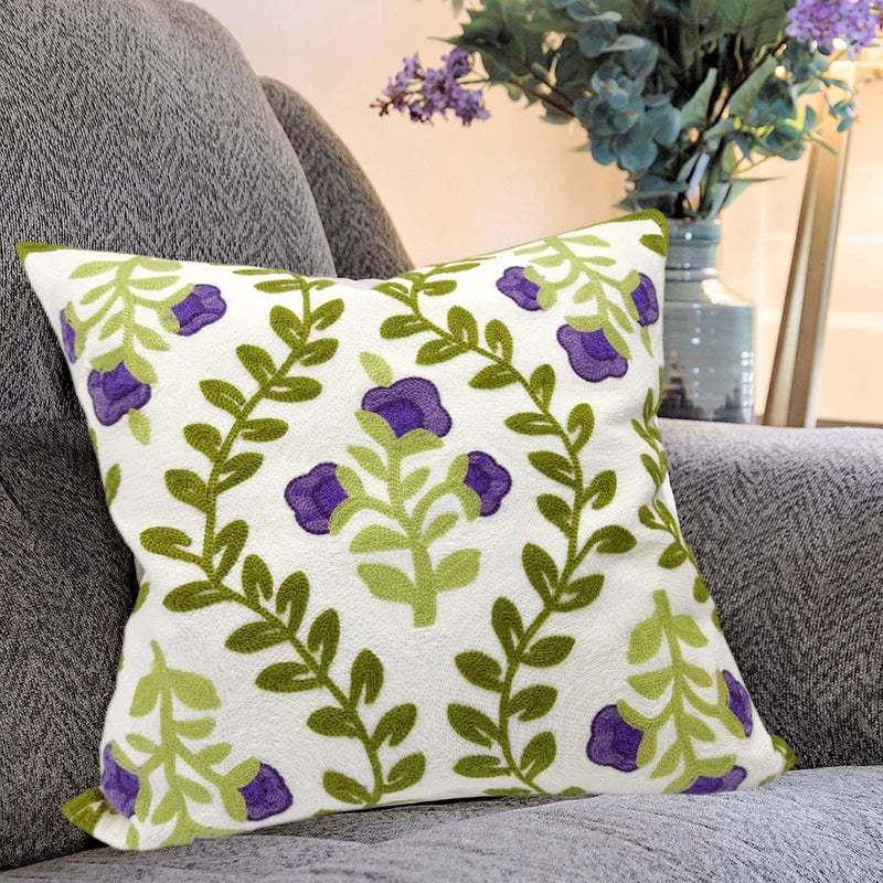 Alysheer Floral Embroidered Spring Decorative Throw Pillow Cover 18"x 18", Farmhouse Cottage Purple Flowers Green Leaves Knit Pattern Cotton Canvas Cushion Case for Sofa Couch Bed Living Room Decor - Image 2