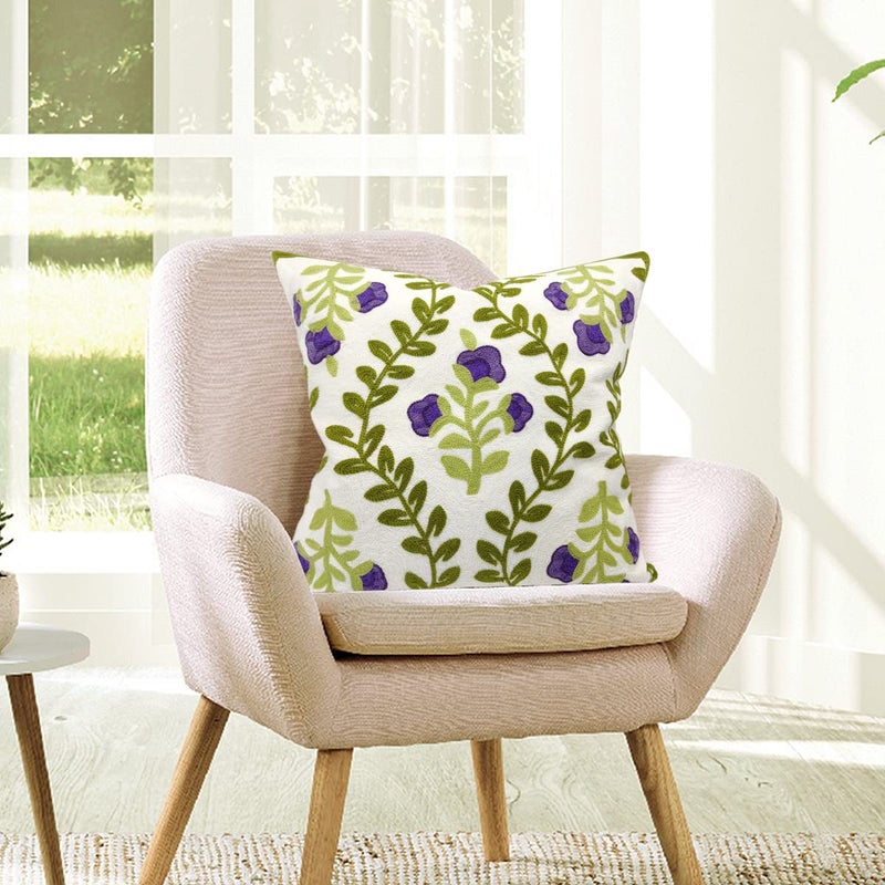 Alysheer Floral Embroidered Spring Decorative Throw Pillow Cover 18"x 18", Farmhouse Cottage Purple Flowers Green Leaves Knit Pattern Cotton Canvas Cushion Case for Sofa Couch Bed Living Room Decor - Image 5