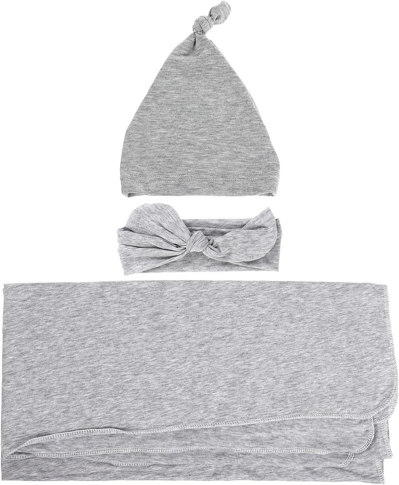 Newborn Cotton Hat and Receiving Blanket Set for with Ear Protection, Soft Grey Modal, Headband and Mittens for Fall Winter Nursery - Image 1