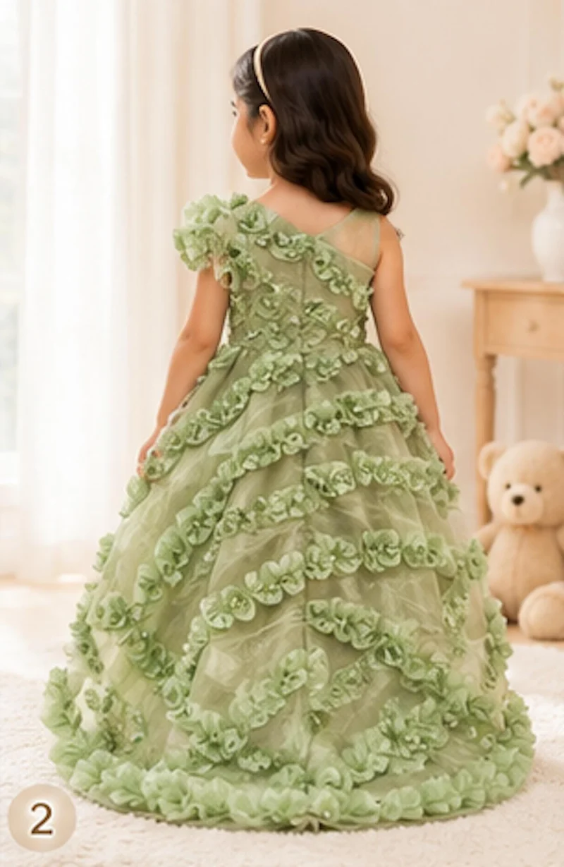 أرتيميا Artemea Toddler Girls Floral Appliqué High-Low Party Dress - Sage Green