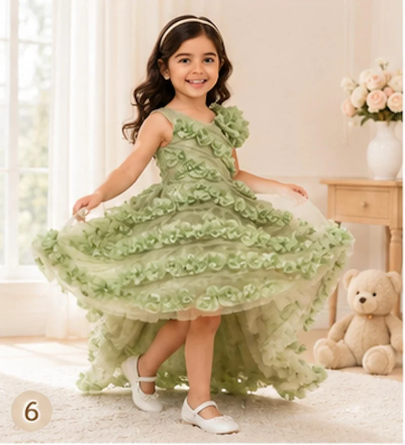 أرتيميا Artemea Toddler Girls Floral Appliqué High-Low Party Dress - Sage Green