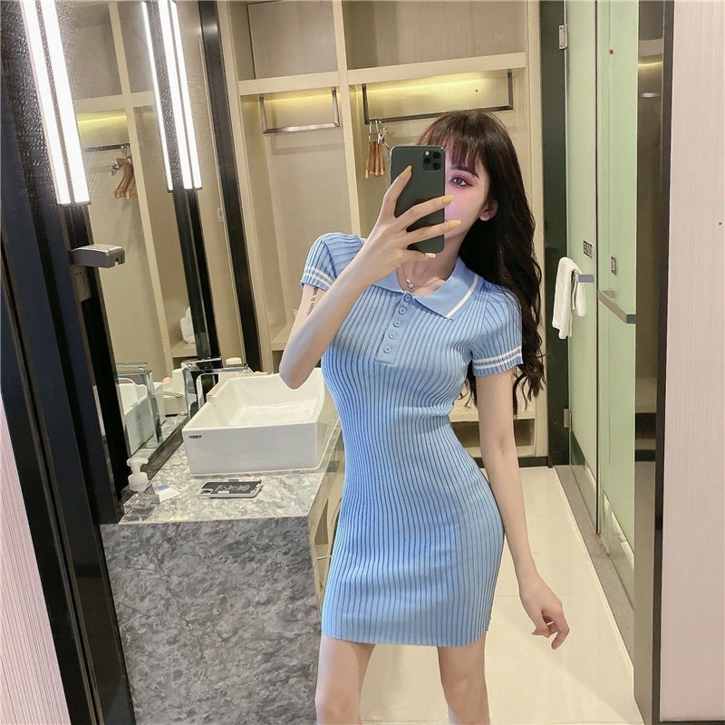 Summer New Solid Color Laps POLO Buckle Slim Fit Bag Hip Slimming Student Knitted Short-sleeved dress Women 28003 Pink - Image 5