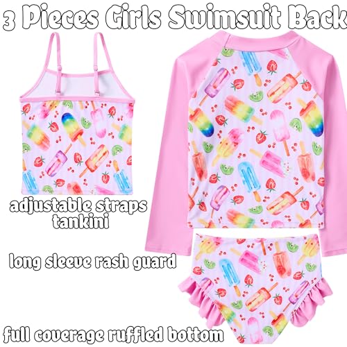 swimsobo Girl 3 Piece Rash Guard Long Sleeve Swimsuit for Kids Size 5-6 Years Sun Protect Bathing Suit Pink Ice Cream Child Tankini Sets - Image 5
