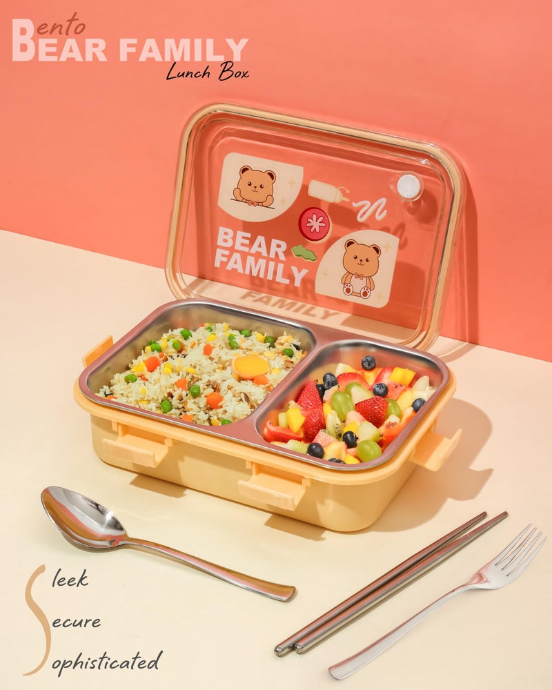 Brand Conquer Lunch Box Leak-Proof BPA Free Stainless Steel for School, Lunch Box for School & Office with a Fork, a Spoon and a Pair of Chopsticks (Yellow, Bear Family 2 Compartment) - Image 3