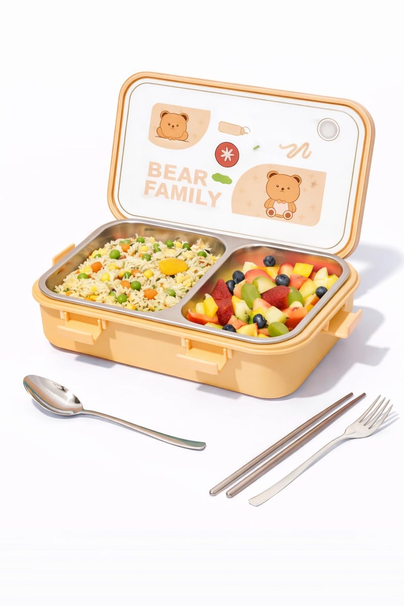 Brand Conquer Lunch Box Leak-Proof BPA Free Stainless Steel for School, Lunch Box for School & Office with a Fork, a Spoon and a Pair of Chopsticks (Yellow, Bear Family 2 Compartment) - Image 1