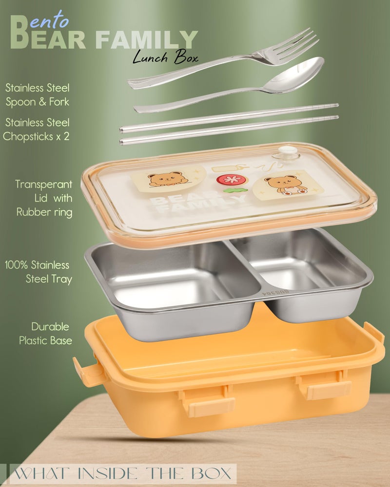 Brand Conquer Lunch Box Leak-Proof BPA Free Stainless Steel for School, Lunch Box for School & Office with a Fork, a Spoon and a Pair of Chopsticks (Yellow, Bear Family 2 Compartment) - Image 4