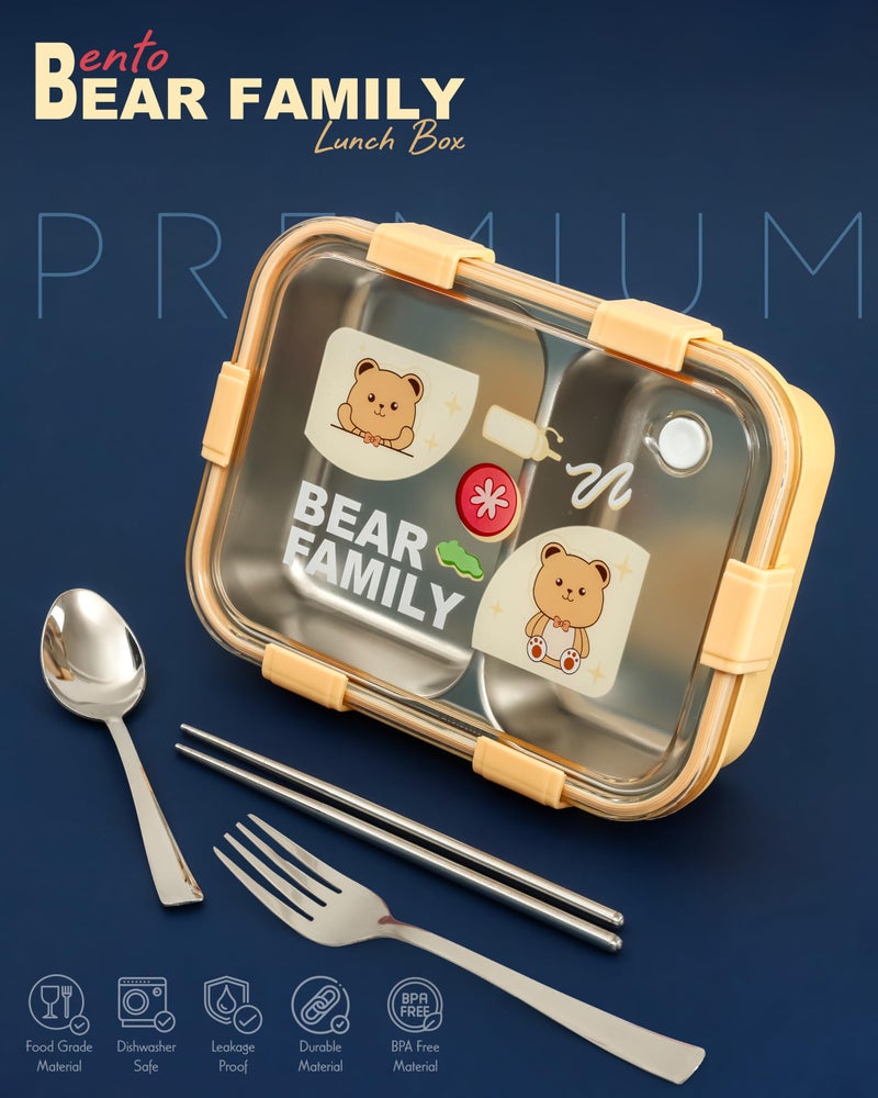 Brand Conquer Lunch Box Leak-Proof BPA Free Stainless Steel for School, Lunch Box for School & Office with a Fork, a Spoon and a Pair of Chopsticks (Yellow, Bear Family 2 Compartment) - Image 2