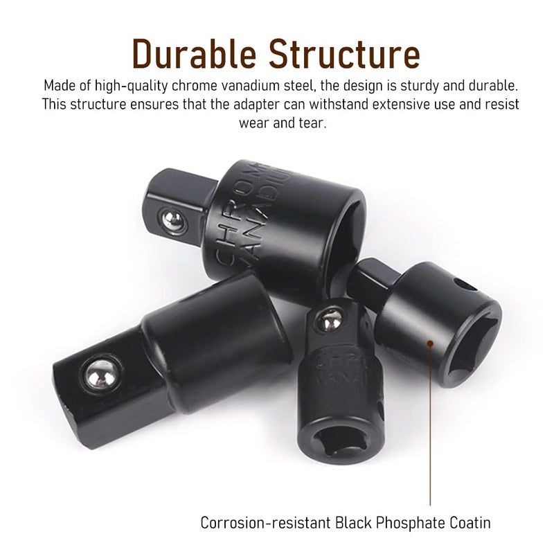 Serplex مجموعة محولات ومخفضات 4 قطع - 4 أحجام، تشمل محولات 1/2" إلى 3/8" و 3/8" إلى 1/4" - فولاذ كروم فاندوم - Image 3