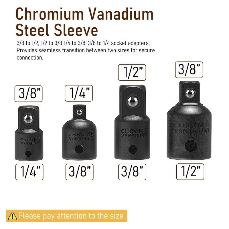 Serplex مجموعة محولات ومخفضات 4 قطع - 4 أحجام، تشمل محولات 1/2" إلى 3/8" و 3/8" إلى 1/4" - فولاذ كروم فاندوم - Image 2