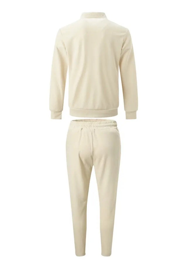 طقم رياضي رجالي كلاسيكي سادة من قطعتين مكون من بدلة رياضية كاجوال بسحاب كامل بأكمام طويلة وسترة وبنطلون للجري للتمرين في صالة الألعاب الرياضية - Image 3