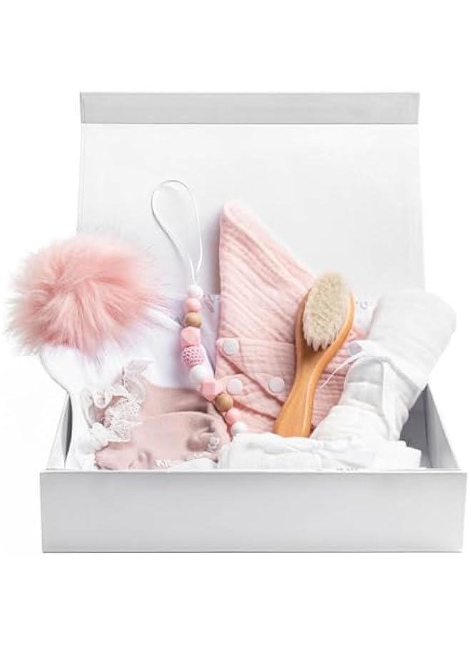 Gonice 7 Pc Beautiful White Baby Box Gift Ensemble - Newborn Baby Girl Gifts with Beanie, Socks, Bib, Washcloth, Brush - Shower Gift Basket, New Baby Gift Set, Baby Gift Basket, New Born Baby Girls Gift  - Image 1