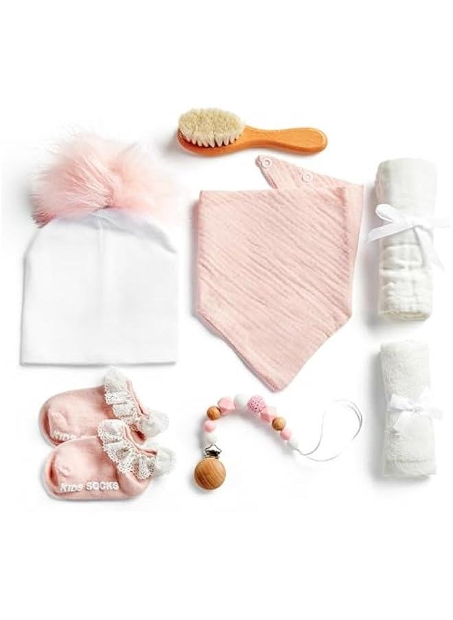 Gonice 7 Pc Beautiful White Baby Box Gift Ensemble - Newborn Baby Girl Gifts with Beanie, Socks, Bib, Washcloth, Brush - Shower Gift Basket, New Baby Gift Set, Baby Gift Basket, New Born Baby Girls Gift  - Image 2