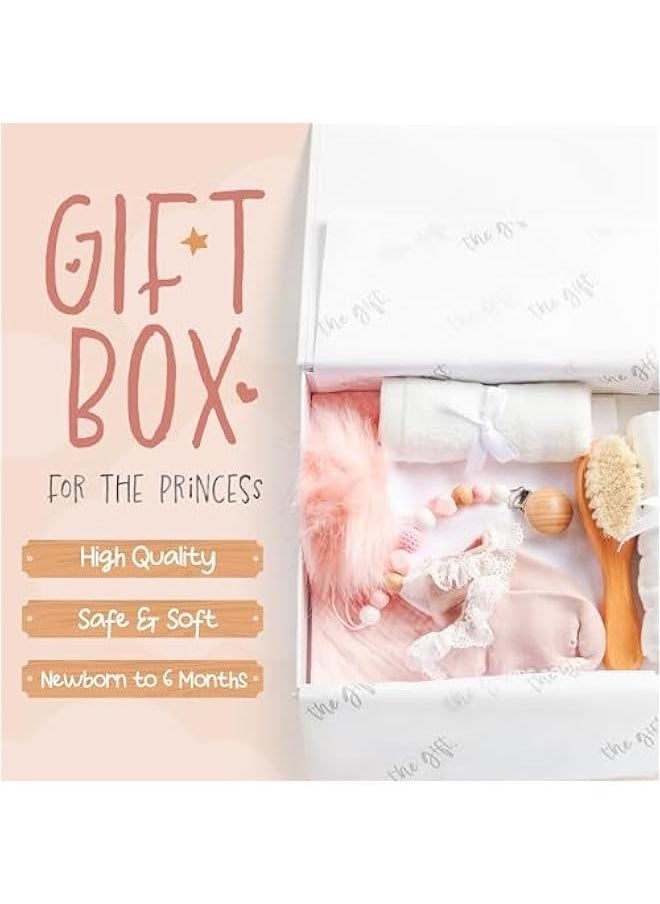 Gonice 7 Pc Beautiful White Baby Box Gift Ensemble - Newborn Baby Girl Gifts with Beanie, Socks, Bib, Washcloth, Brush - Shower Gift Basket, New Baby Gift Set, Baby Gift Basket, New Born Baby Girls Gift  - Image 3