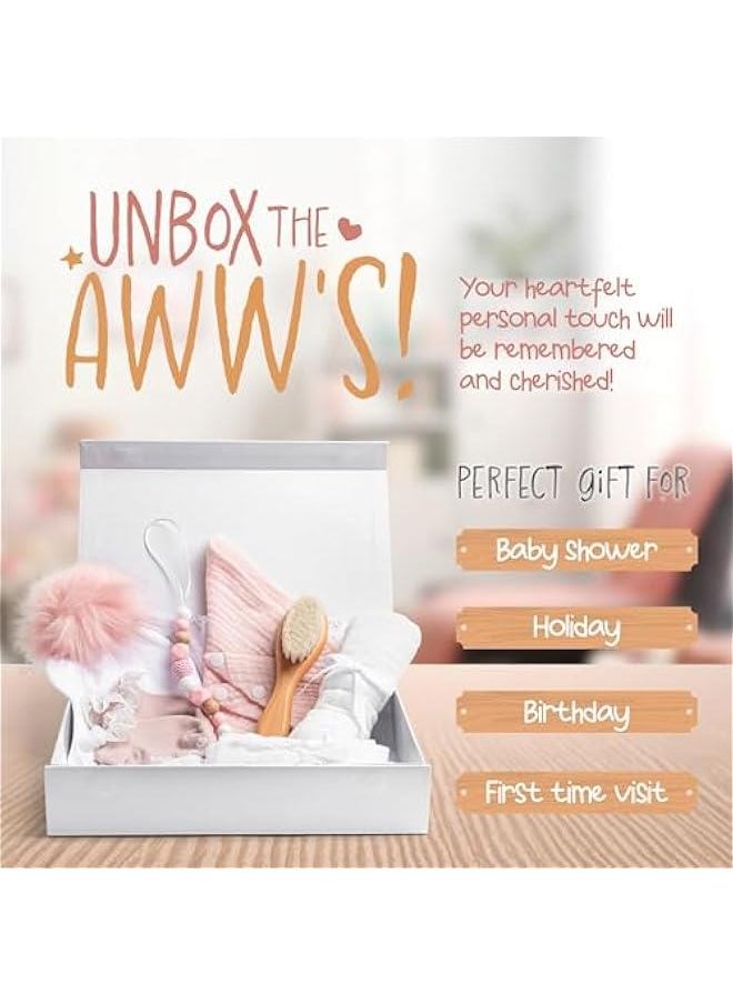 Gonice 7 Pc Beautiful White Baby Box Gift Ensemble - Newborn Baby Girl Gifts with Beanie, Socks, Bib, Washcloth, Brush - Shower Gift Basket, New Baby Gift Set, Baby Gift Basket, New Born Baby Girls Gift  - Image 4
