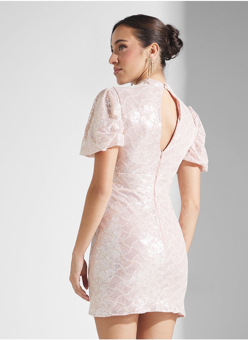 Jaded Rose - Patterned Puff Sleeve Sequin Mini Dress - Image 1