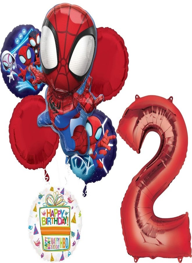 Anagram Spidey and Friends 2nd Birthday Party Supplies 7pc Foil Balloon Bouquet Decorations - Image 1