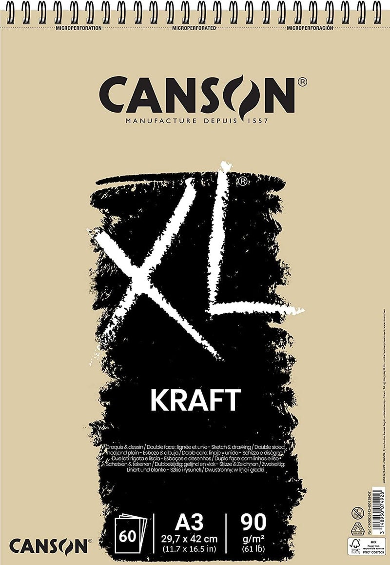 CANSON Canson 400039142 XL Kraft Ribbed Sketch Pad 90 gm 60 Sheets per Pad Spiral on The Short Side 297 x 432 mm Light Brown